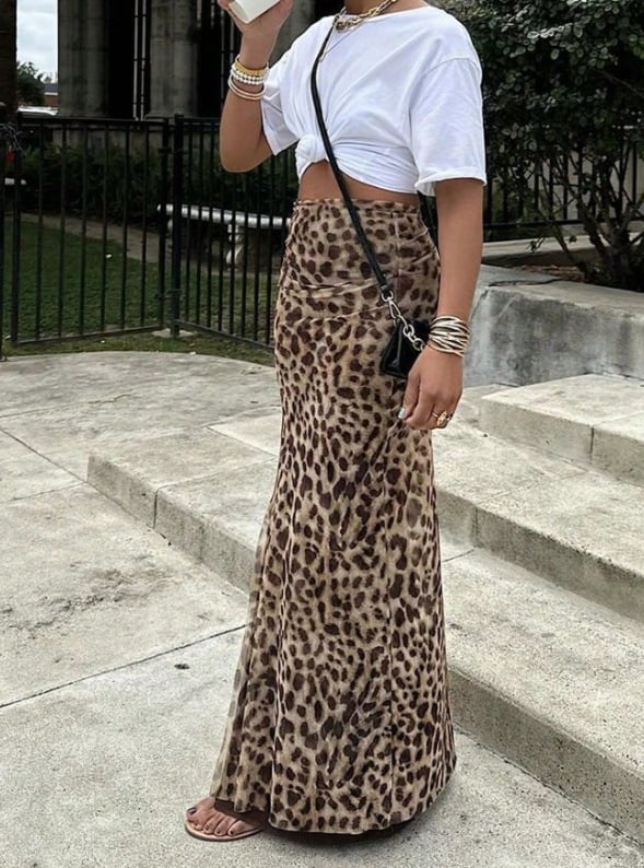 Damen Leopardenrock High Waist Bodycon Maxi