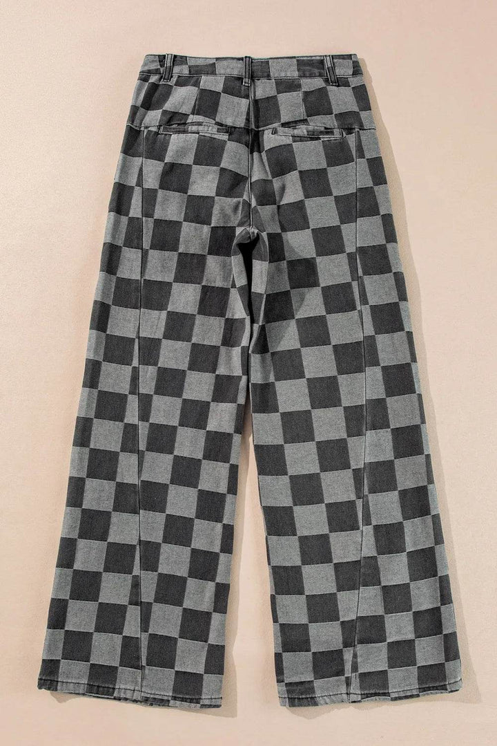 Karierte Jeans mit weitem Bein und Taschen