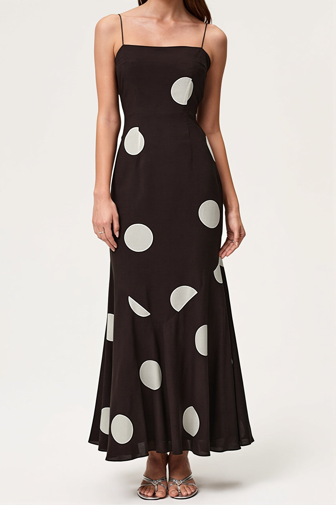 Damen Maxikleid mit Polka Dots und schmalen Trägern in voller Länge