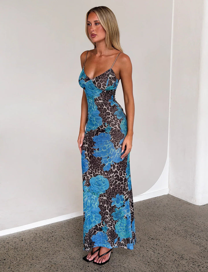 Eng anliegendes Maxikleid mit Sweetheart-Ausschnitt und blauem Blumenmuster