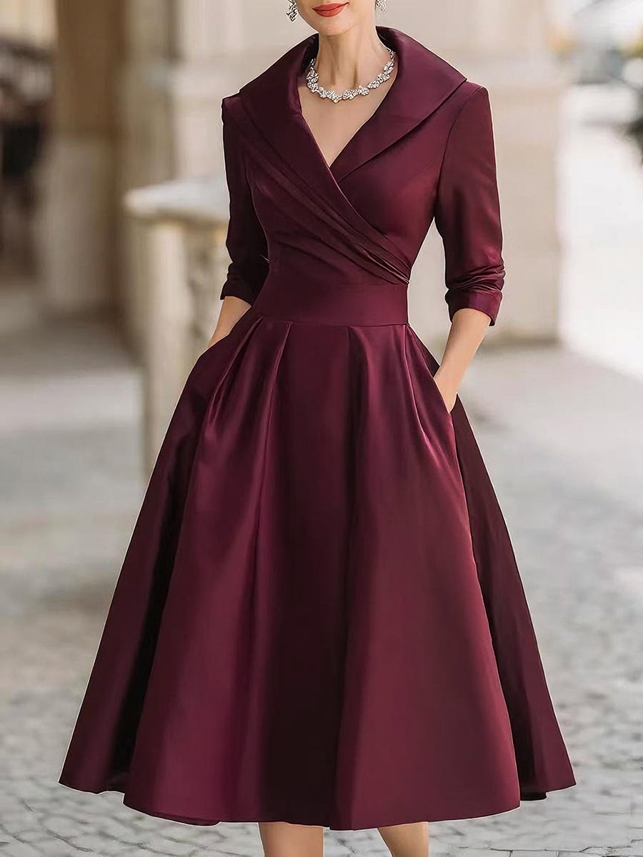 Vintage Satin Midi-Kleid mit drapiertem Kragen