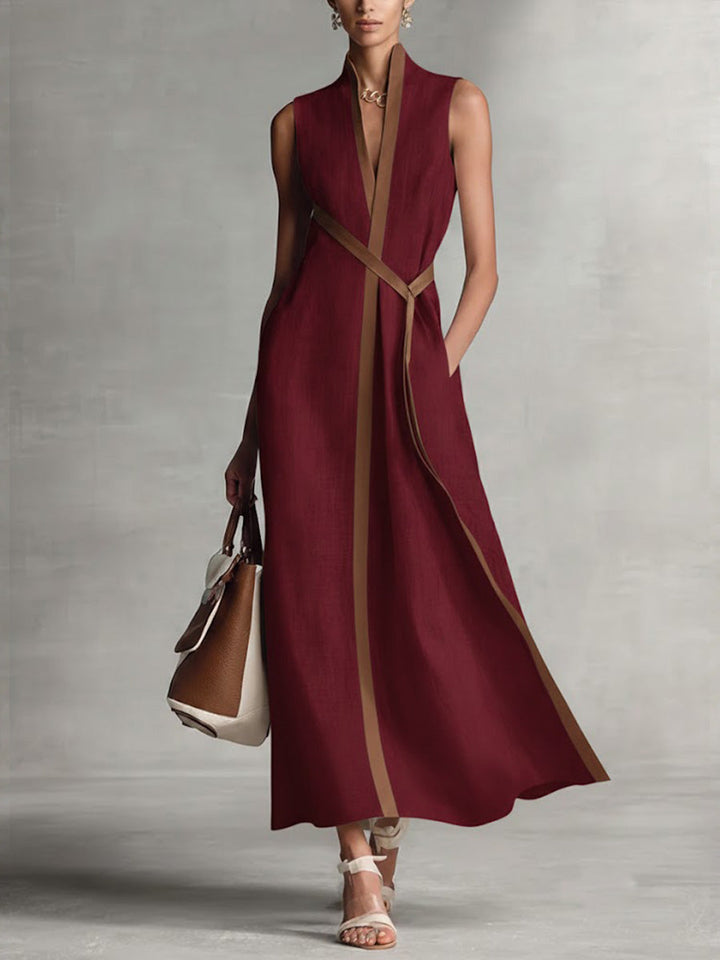 Damen Ärmelloses Baumwoll-Leinen Freizeitkleid mit Stehkragen