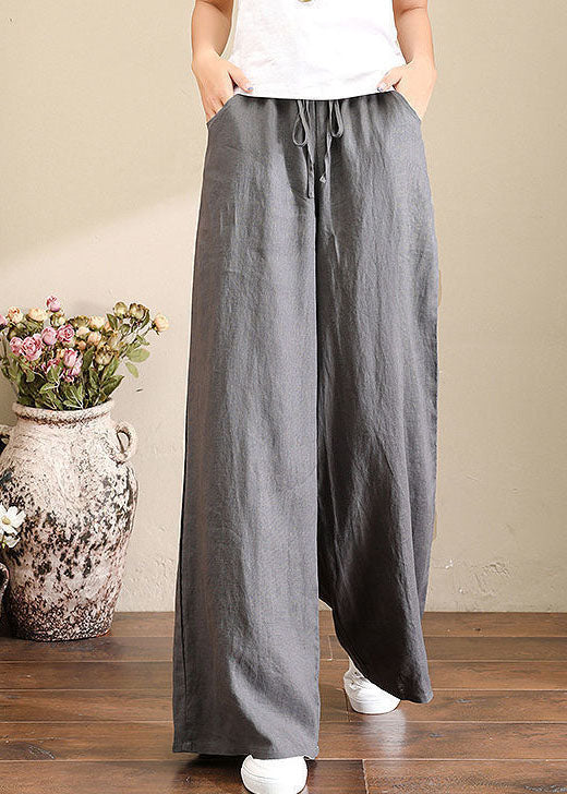 Französisch graue Leinenhose mit weitem Bein, elastischem Bund und Taschen