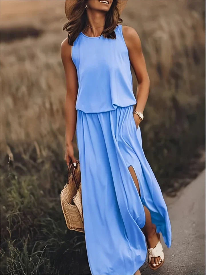 Langes einfarbiges Damenkleid mit lockerem Fall in Frontalansicht