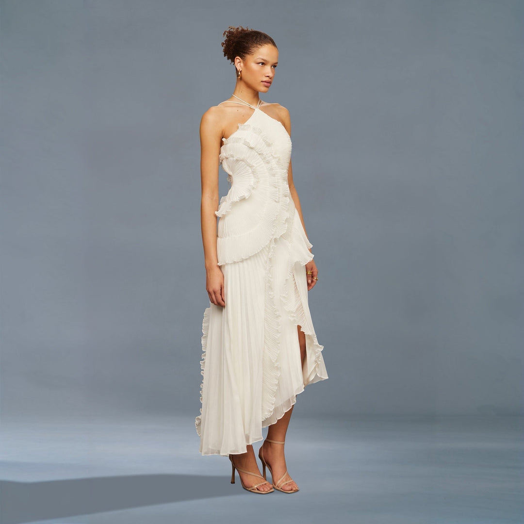 Weißes Midikleid mit Falten und Teerosen-Detail
