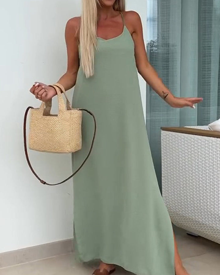 Damen Maxikleid Unifarben Mit Spaghettiträgern