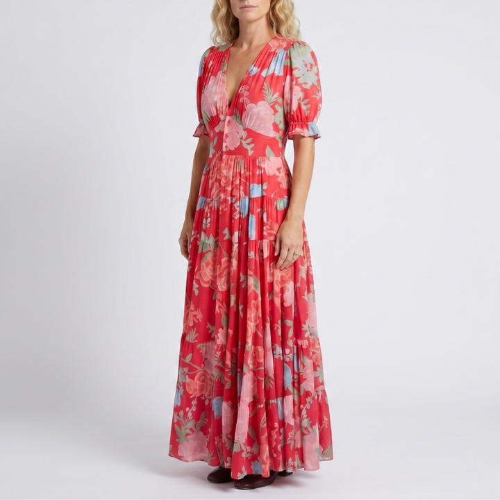Elegantes florales Midi-Kleid mit V-Ausschnitt für Damen