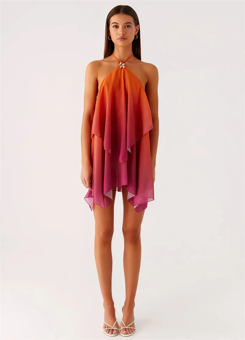Schickes rosa Gradient Rüsch Mini Kleid