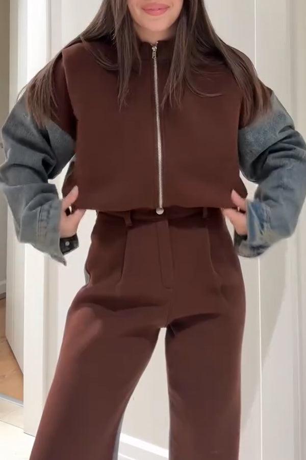 Lässige Jeans-Patchwork-Sweatshirtjacke mit Reißverschluss