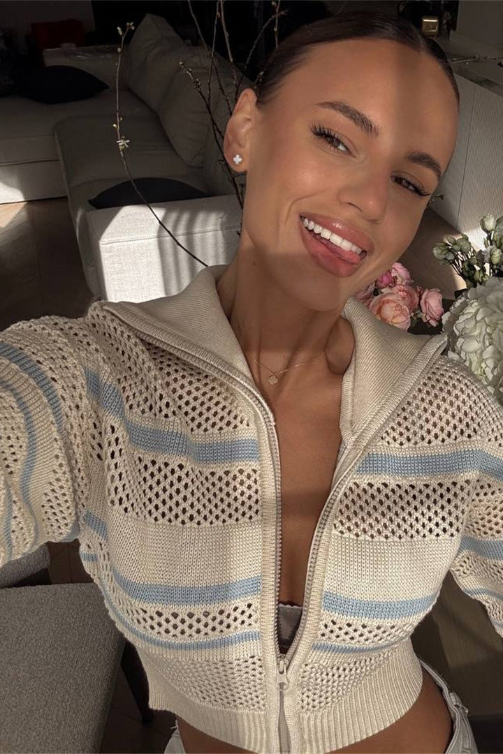 Colorblock-Streifen Zip-Kragen Cutout Langarm Hoodie