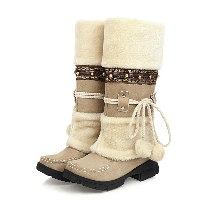 Boho Chic Kunstleder Kniehohe Winterstiefel