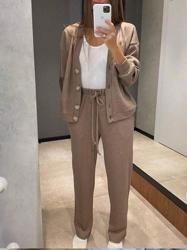 Gemütliches lässiges V-Ausschnitt Pullover- und Hose-Set