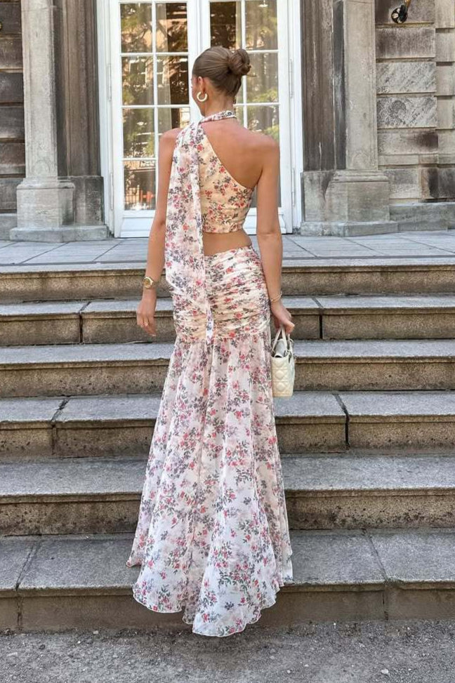 Floraler Damen Zweiteiler in Hellrosa und Lila mit asymmetrischem Schnitt