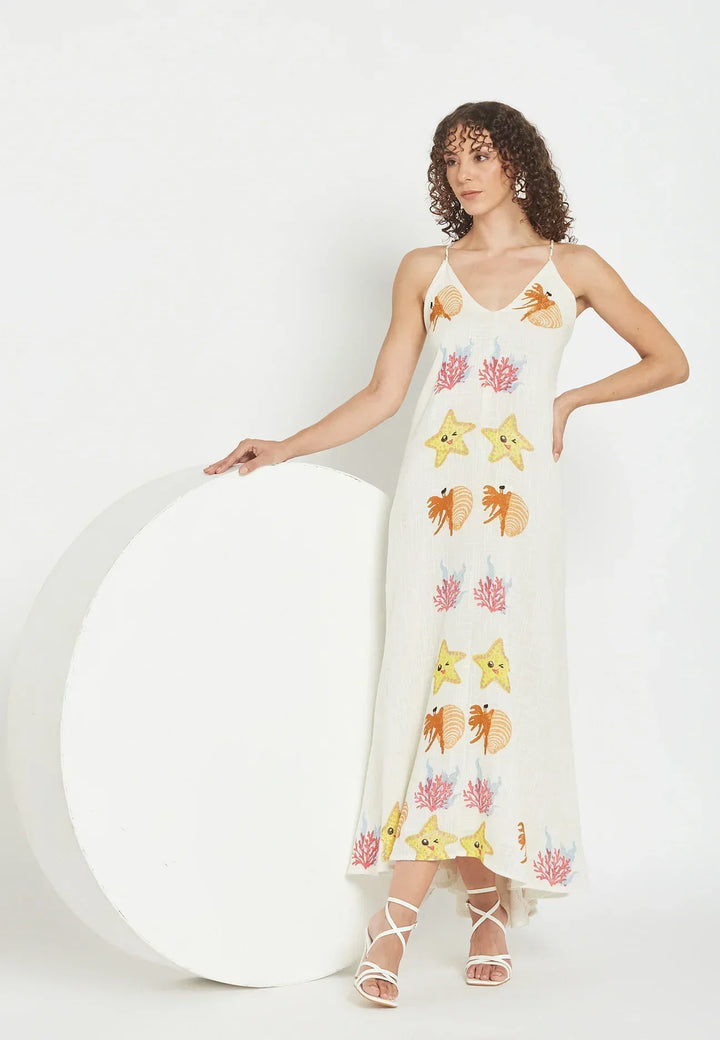 Damen Strandkleid als Maxikleid mit luftigem Stoff und maritimer Stickerei