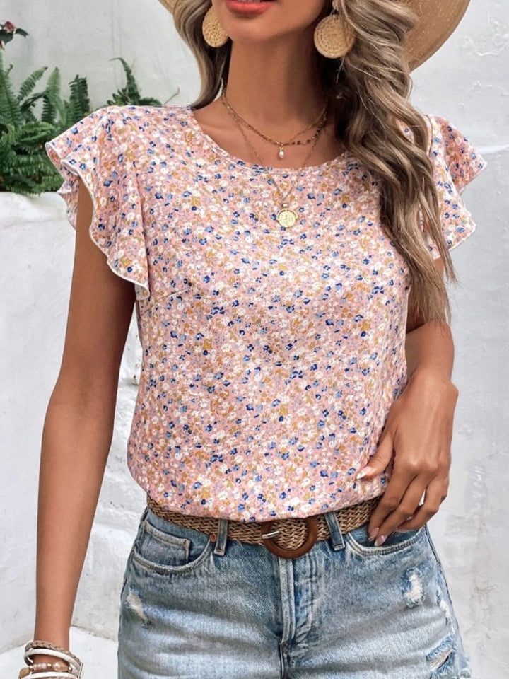 Kleines Blumenmuster Top mit Cap-Ärmeln und rundem Ausschnitt
