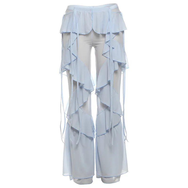 Damen Baumwoll-Mesh Rüschen-Überziehhose Weiß