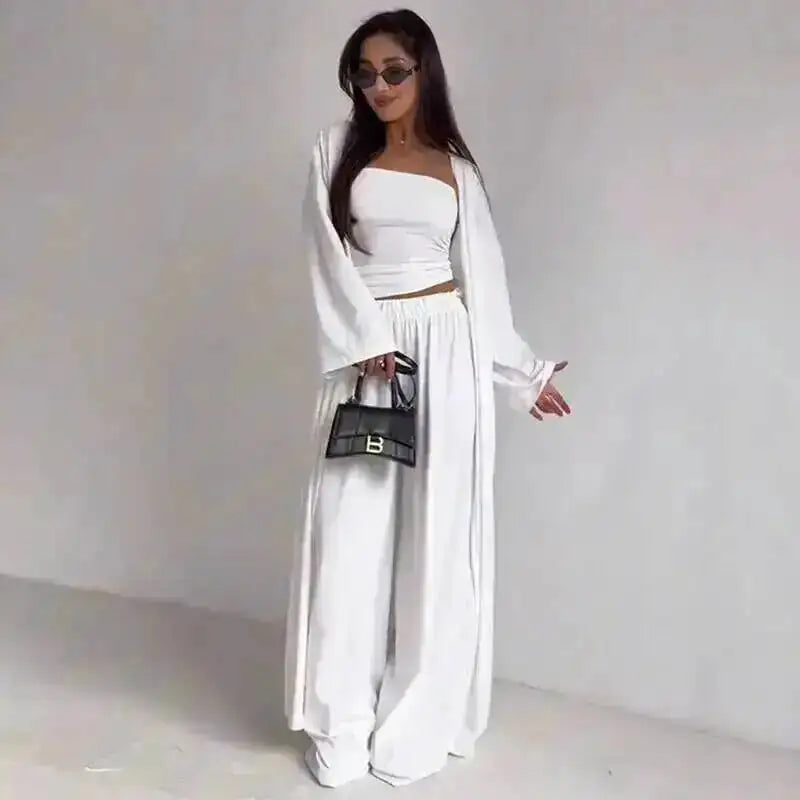 Damen Lässiges Trägerloses Top Langstrickjacke Weite Hosen Set