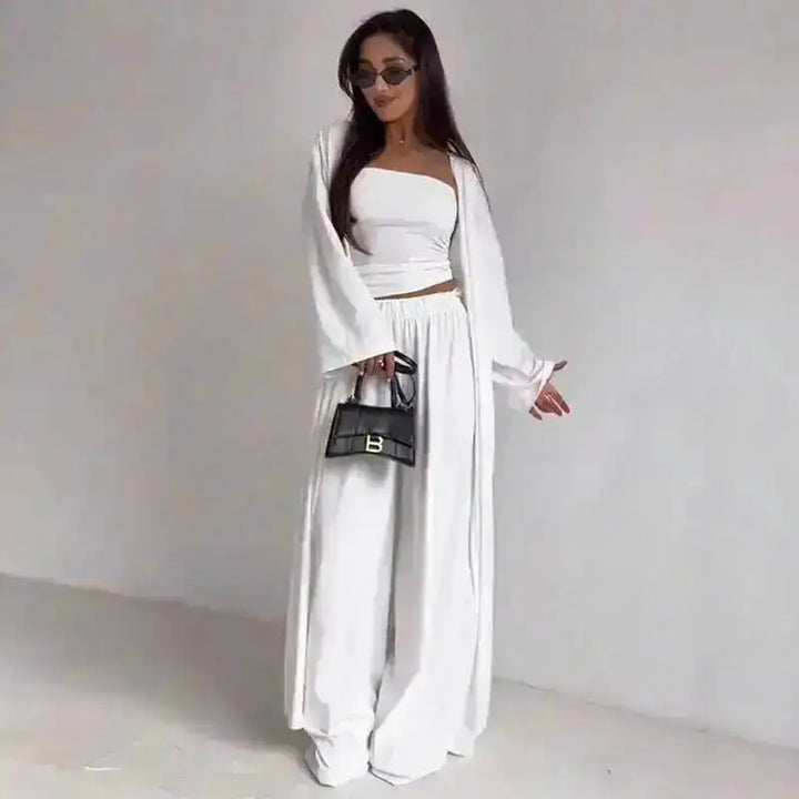Damen Lässiges Trägerloses Top Langstrickjacke Weite Hosen Set