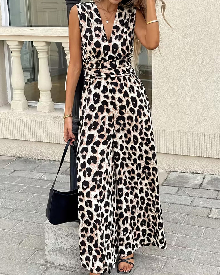 Ärmelloser Damen-Jumpsuit mit Leopardenmuster von vorn