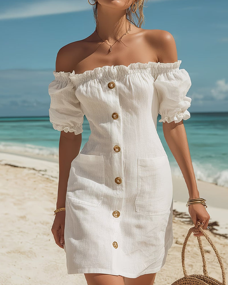 Damen Shiftkleid mit Puffärmeln und Carmen-Ausschnitt in Frontalansicht