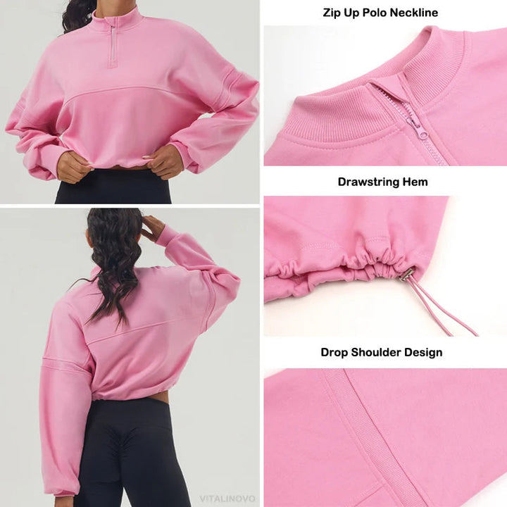 Übergroßes Sweatshirt aus Baumwollmischung mit halbem Reißverschluss für Damen