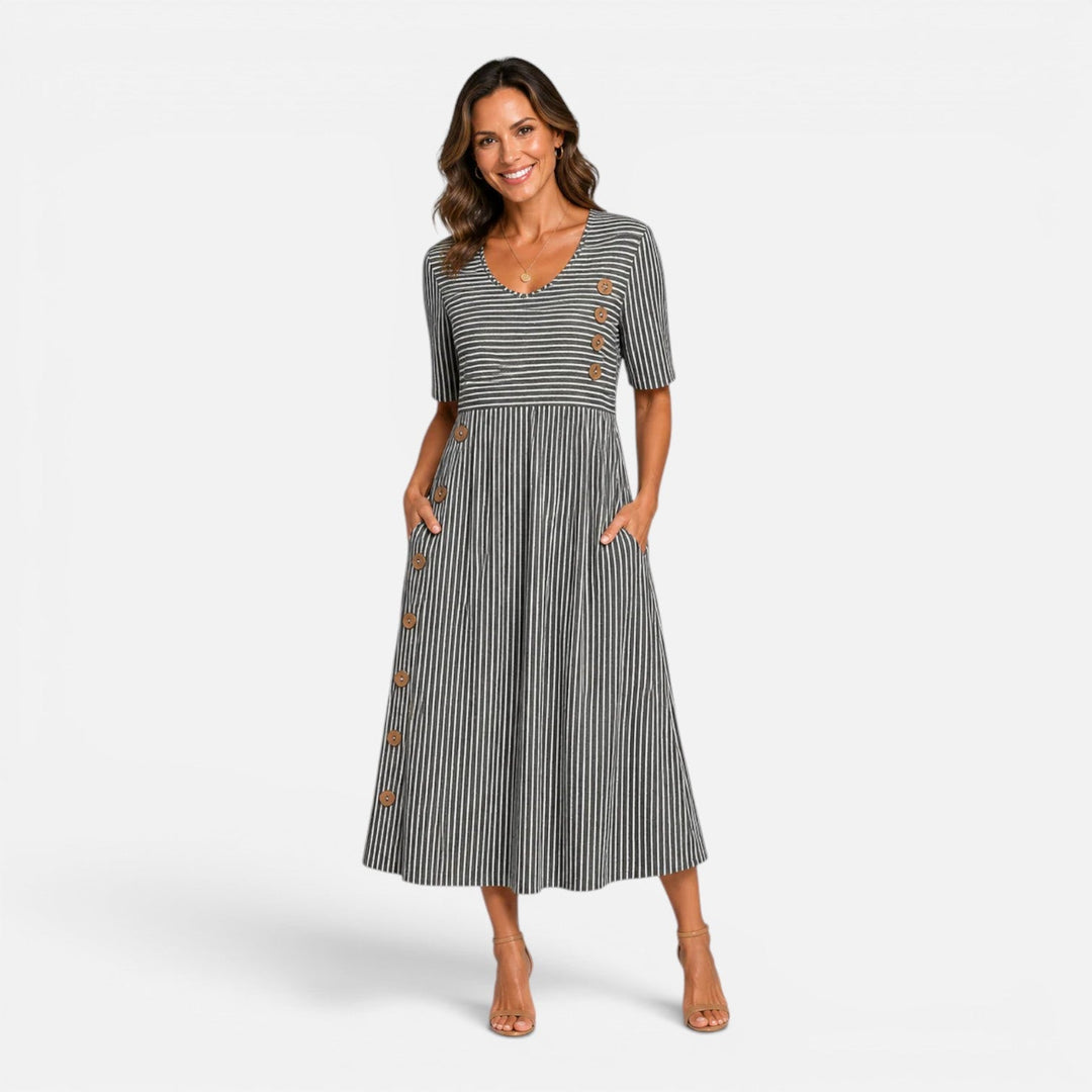 Gestreiftes Midi-Kleid für Damen mit Knopfdetail und Taschen