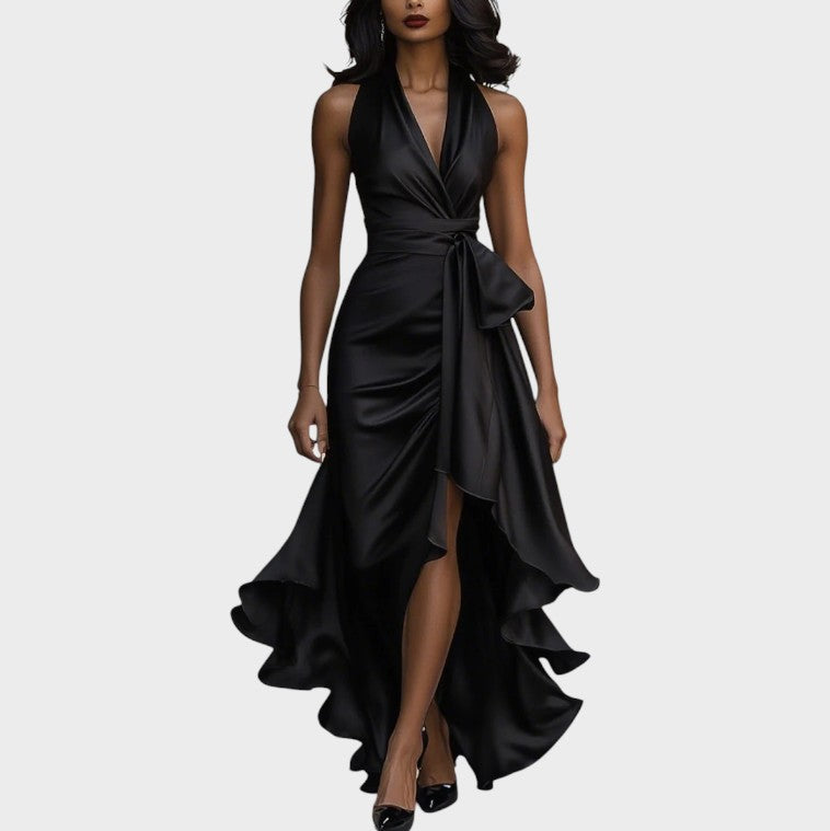 Midnight Satin Neckholderkleid mit Rüschen-Details