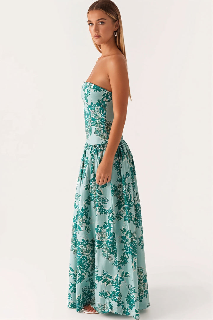 Damen-Maxikleid mit auffälligem Muster und schulterfreiem Bandeau-Ausschnitt