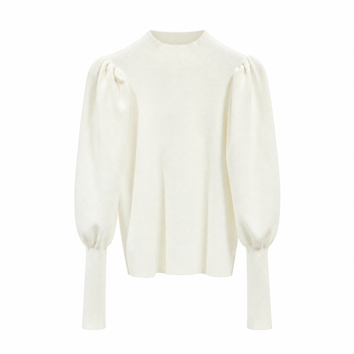 Women's Ribbed Knit Sweater With Stand-Up Collar And Puff Sleeves
