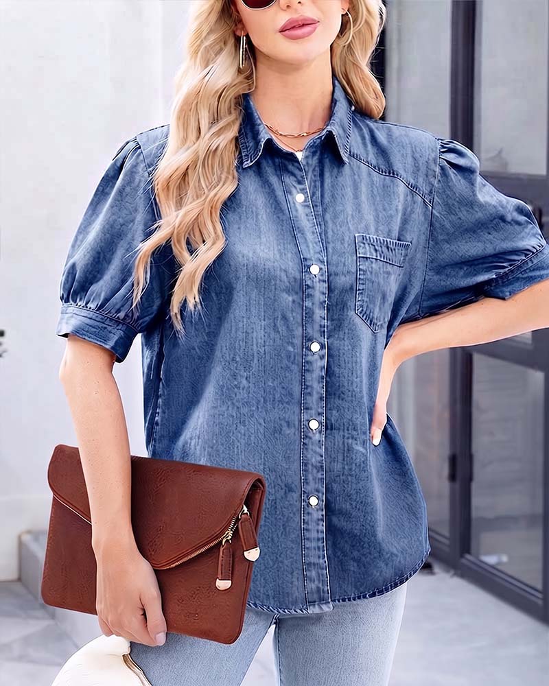Damen Denimbluse mit Druckknopfleiste und voluminösen Laternenärmeln