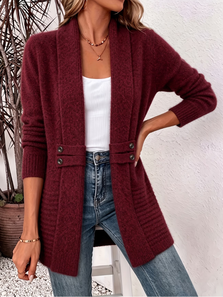 Offene Vorderseite der Damen-Strickjacke mit weicher Strickstruktur