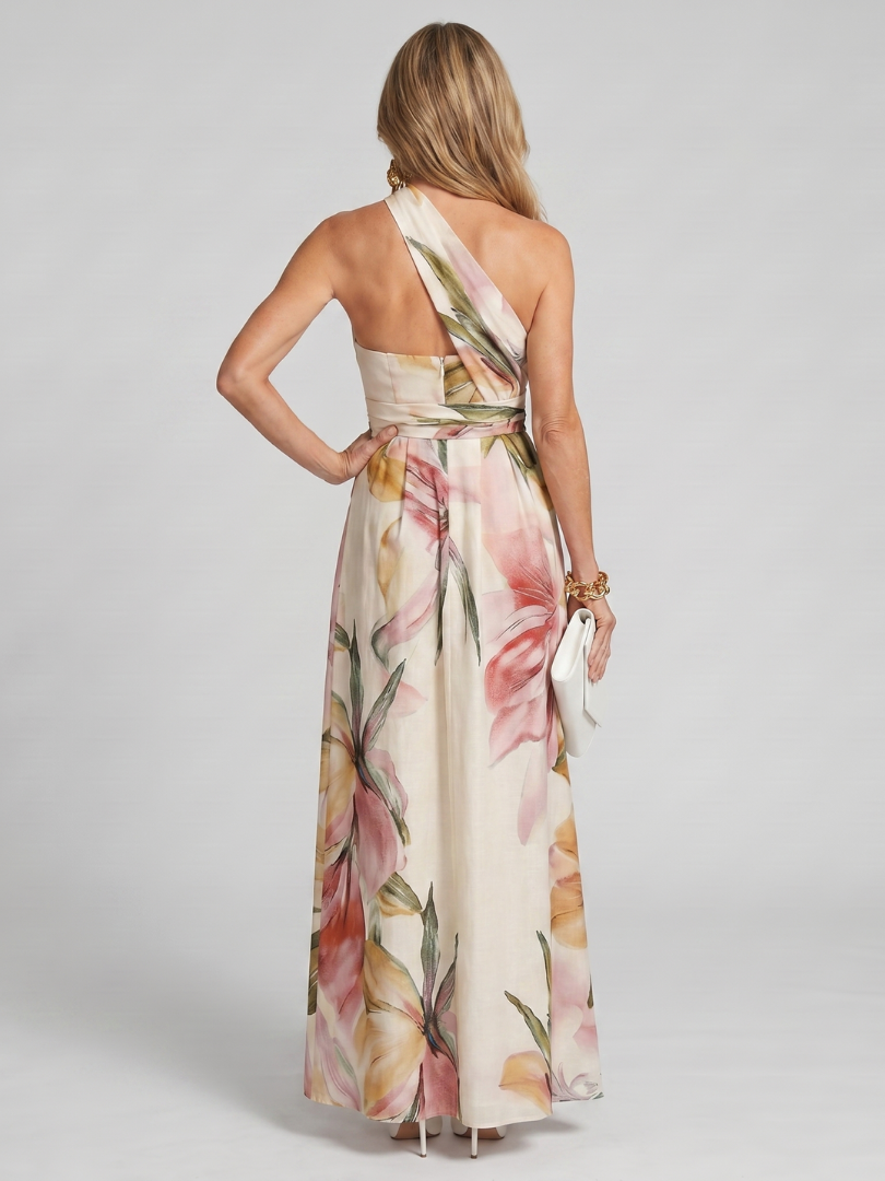 Lange Silhouette des Damenkleids mit Blumenmuster