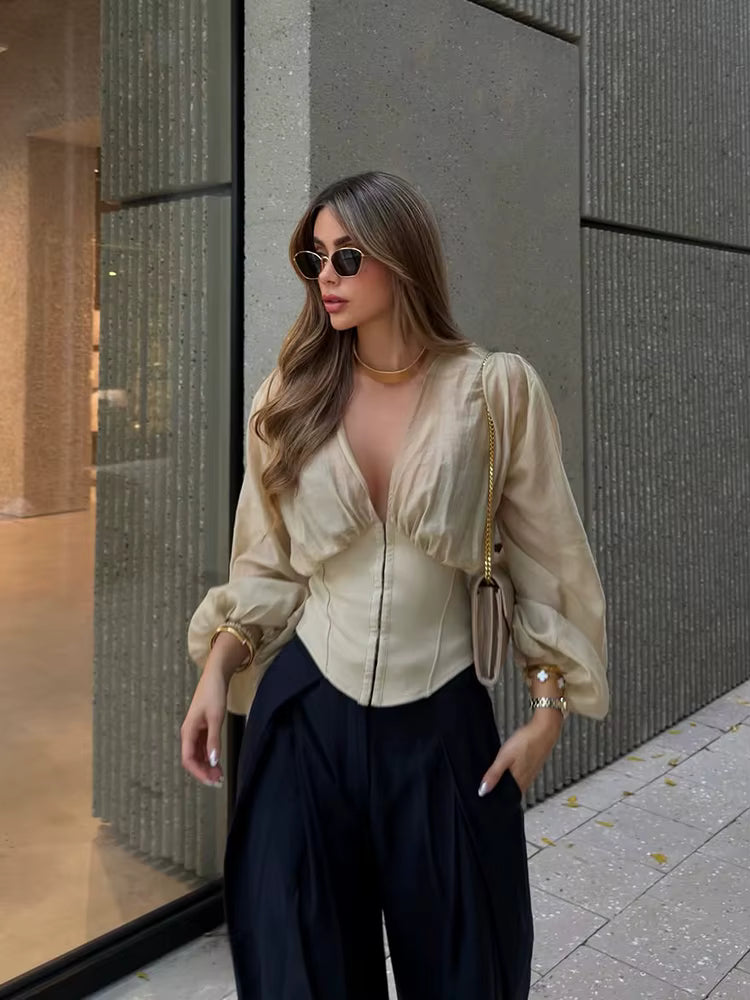 Gekürzte Damen-Corsagebluse mit Puffärmeln Sandfarbe