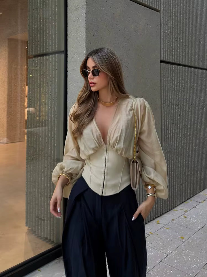 Gekürzte Damen-Corsagebluse mit Puffärmeln Sandfarbe