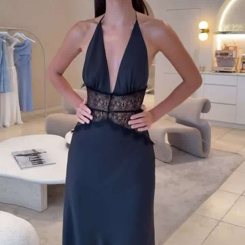Maxikleid mit Neckholder, Spitzeneinsatz und freiem Rücken