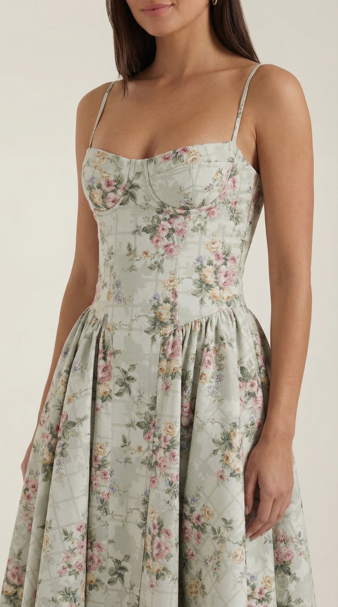 Damen Blumenmieder Midikleid mit Herzausschnitt