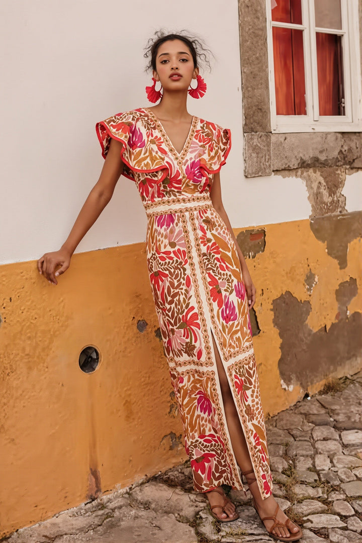 Damen Maxikleid mit V-Ausschnitt und floralem Muster von vorn