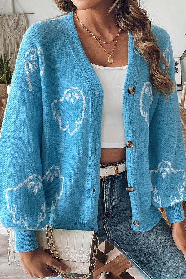 Gemütlicher Halloween Gespenster Strickpullover mit Knopfleiste
