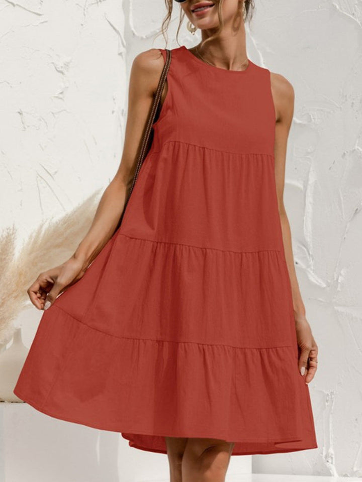 Damen Minikleid A Linie Mit Falten Und Rundhalsausschnitt