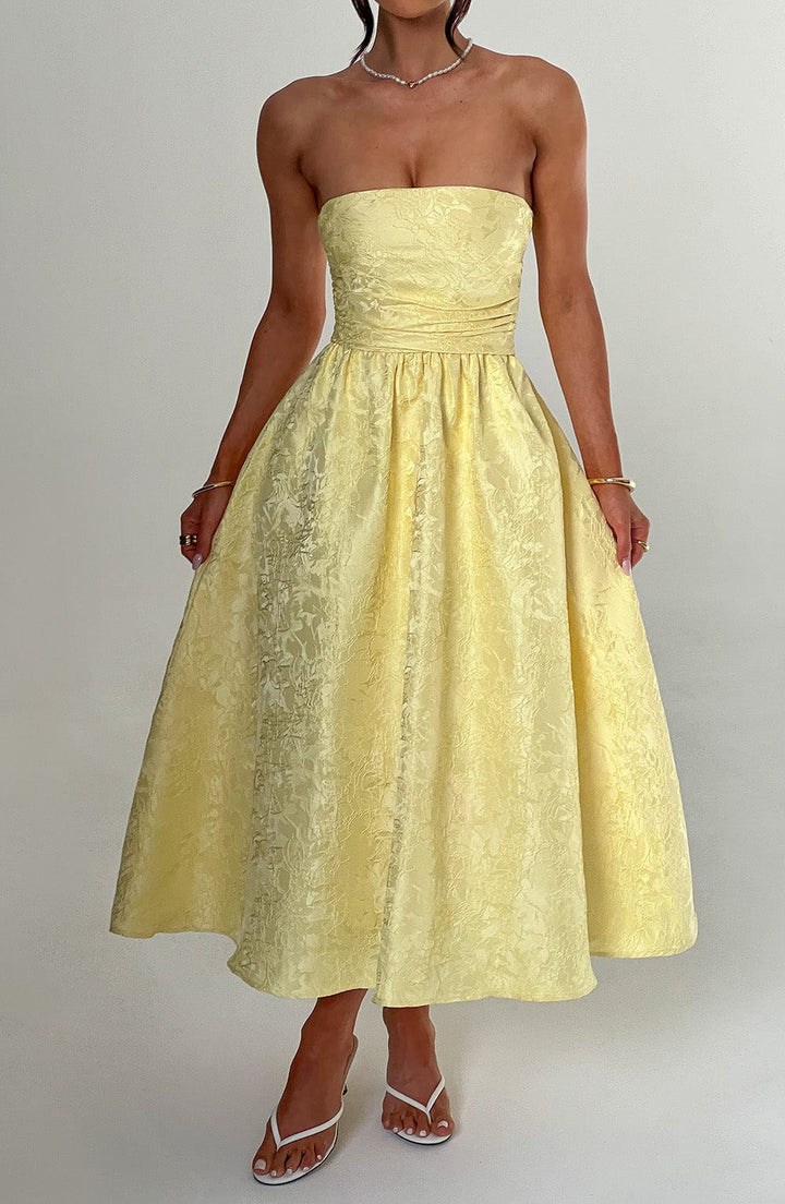 Floraler Jacquard Trägerloser Plissierter Midikleid Zitrone