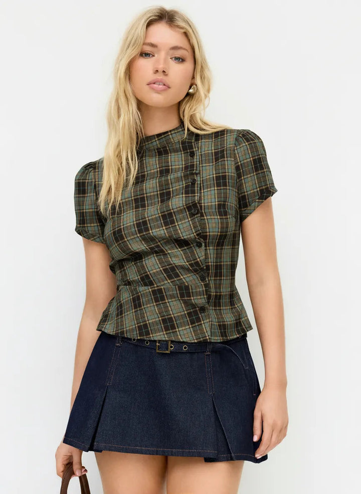 Damen-Bluse mit Karomuster und Knöpfen