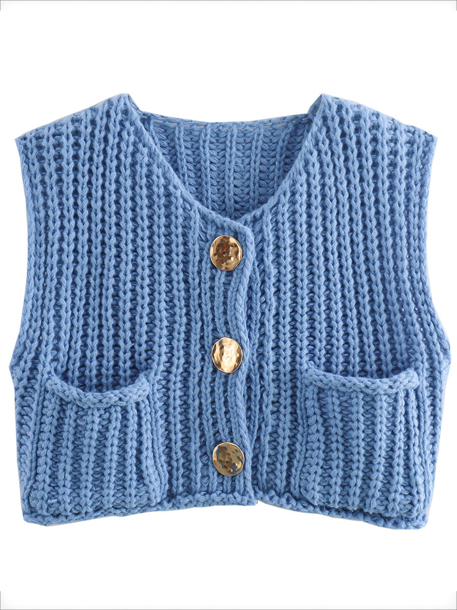 Damen Strickcardigan Ärmellos Mit Knöpfen Und Taschen