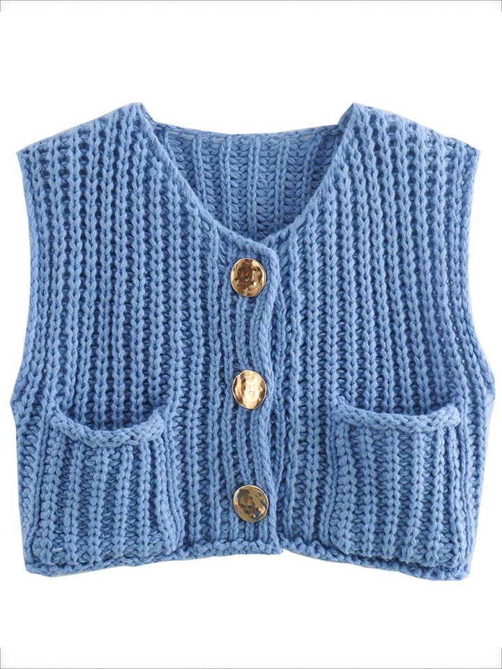 Damen Strickcardigan Ärmellos Mit Knöpfen Und Taschen