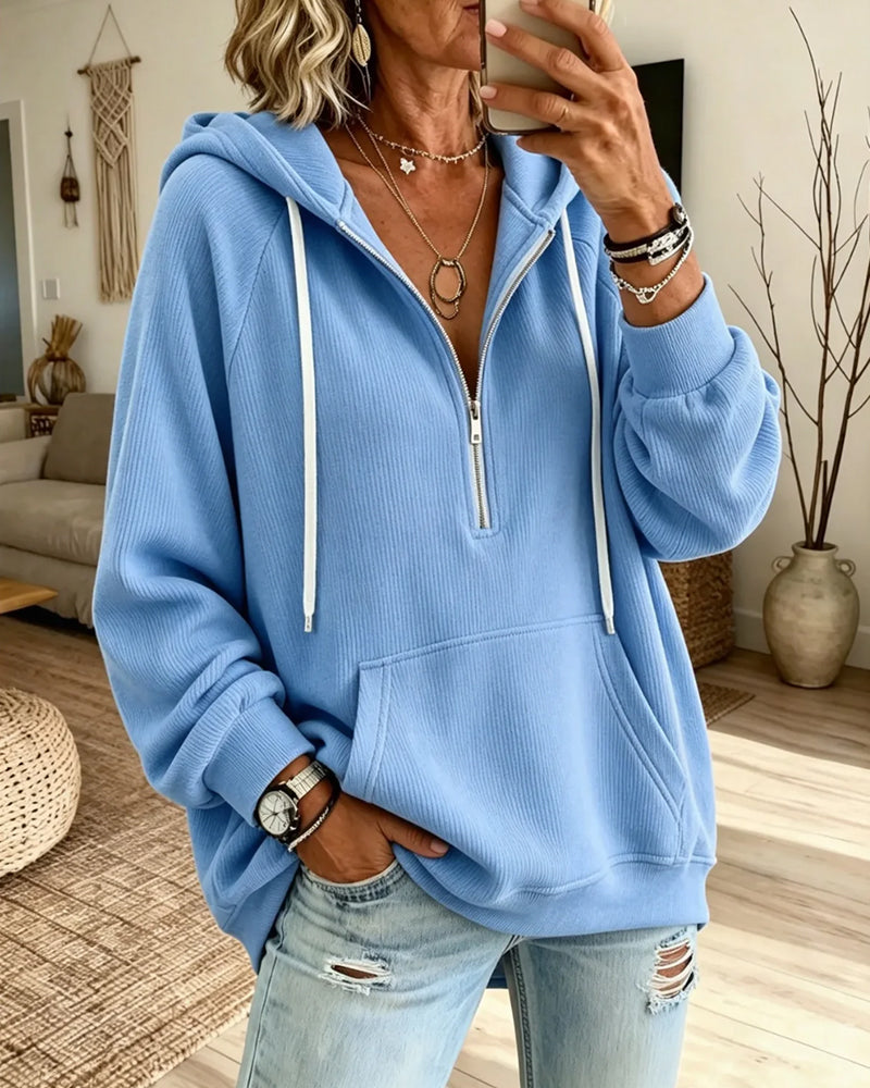 Damen-Hoodie mit halbem Reißverschluss, langen Ärmeln und praktischer Tasche