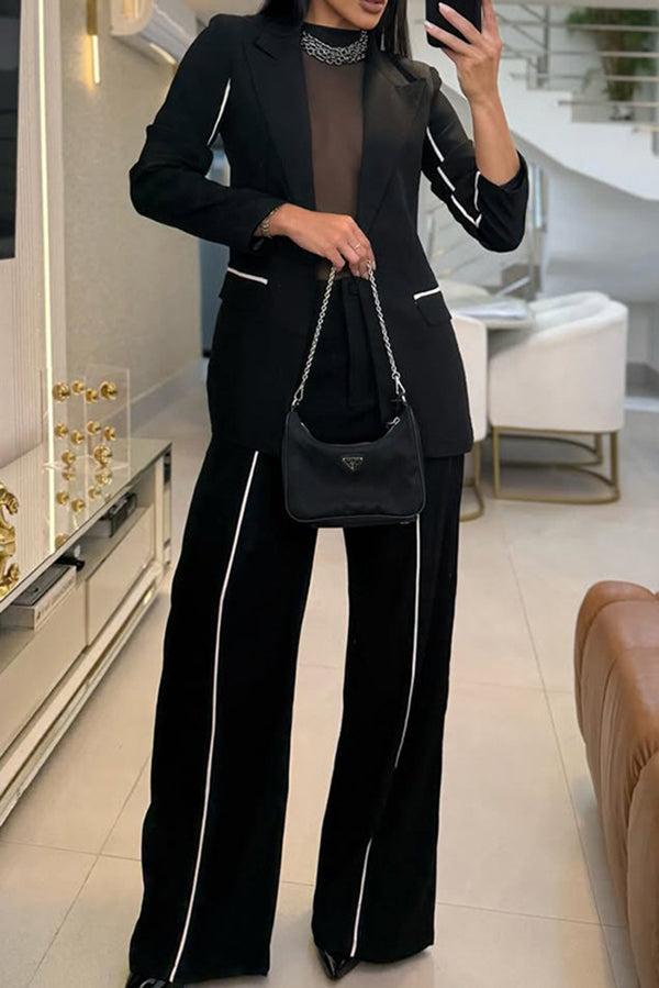 Schicker einfarbiger Blazer- und Hose-Set mit geradem Bein