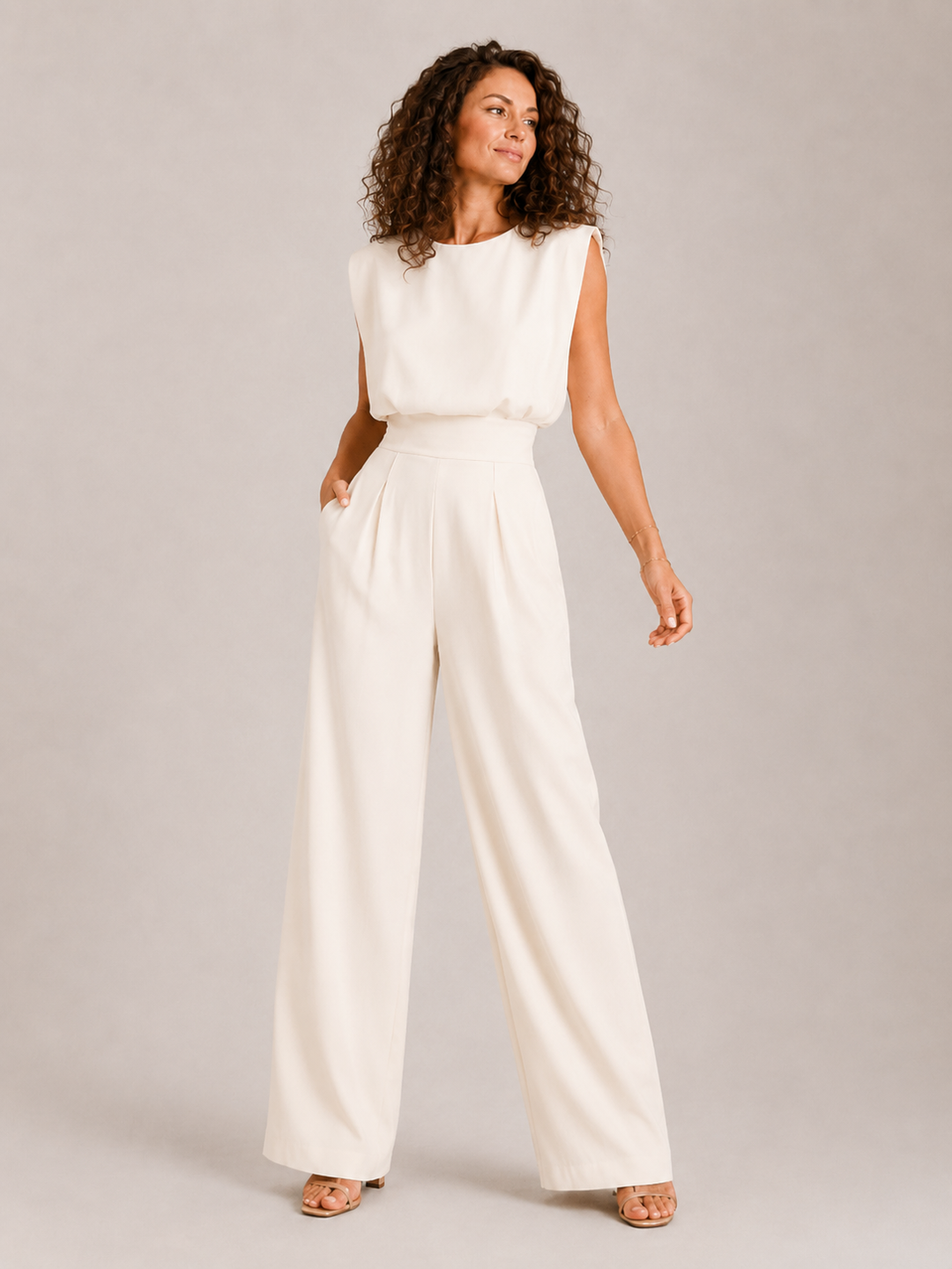 Damen Ärmelloser Jumpsuit mit V-Ausschnitt und Weiten Hosenbeinen