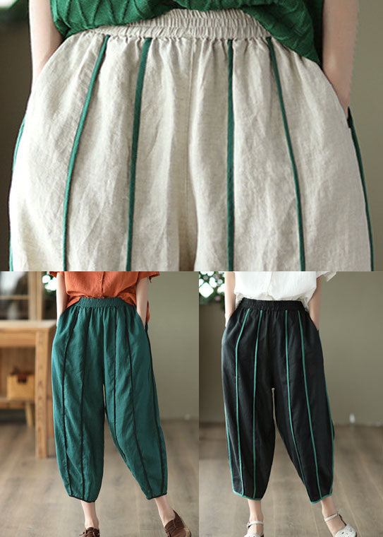 Weiße Haremshose aus Leinen mit Patchwork, Taschen und Streifen