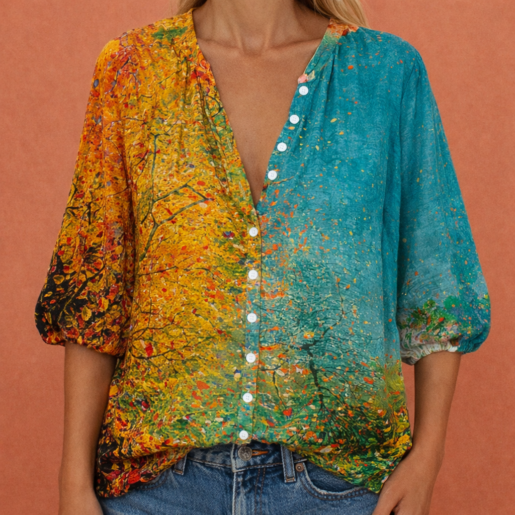 Damen V-Ausschnitt Bluse mit Knopfverschluss und Druckmuster