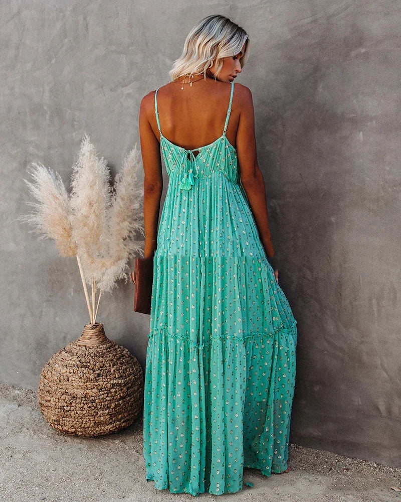 Boho-Chic grünes Maxi-Sommerkleid