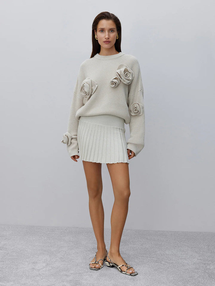 Gemütlicher 3D-Rosen-Strickpullover mit lockerer Passform